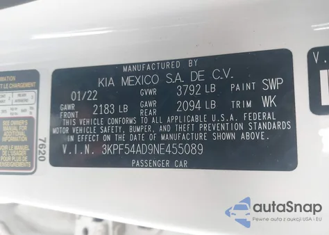 2022 Kia Forte Gt-Line z USA, uszkodzony, nr VIN 3KPF54AD9NE455089